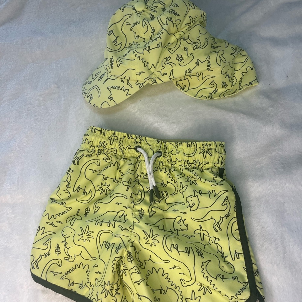 Cat & Jack Yellow/Green Swim Shorts and Cap with Dinosaur Paisley Pattern